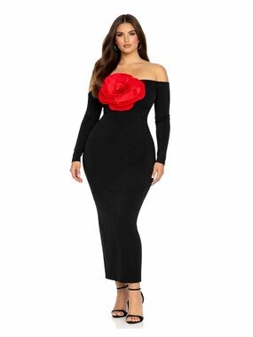 Elegant Black Dress with a huge red rose Floral Accent size large